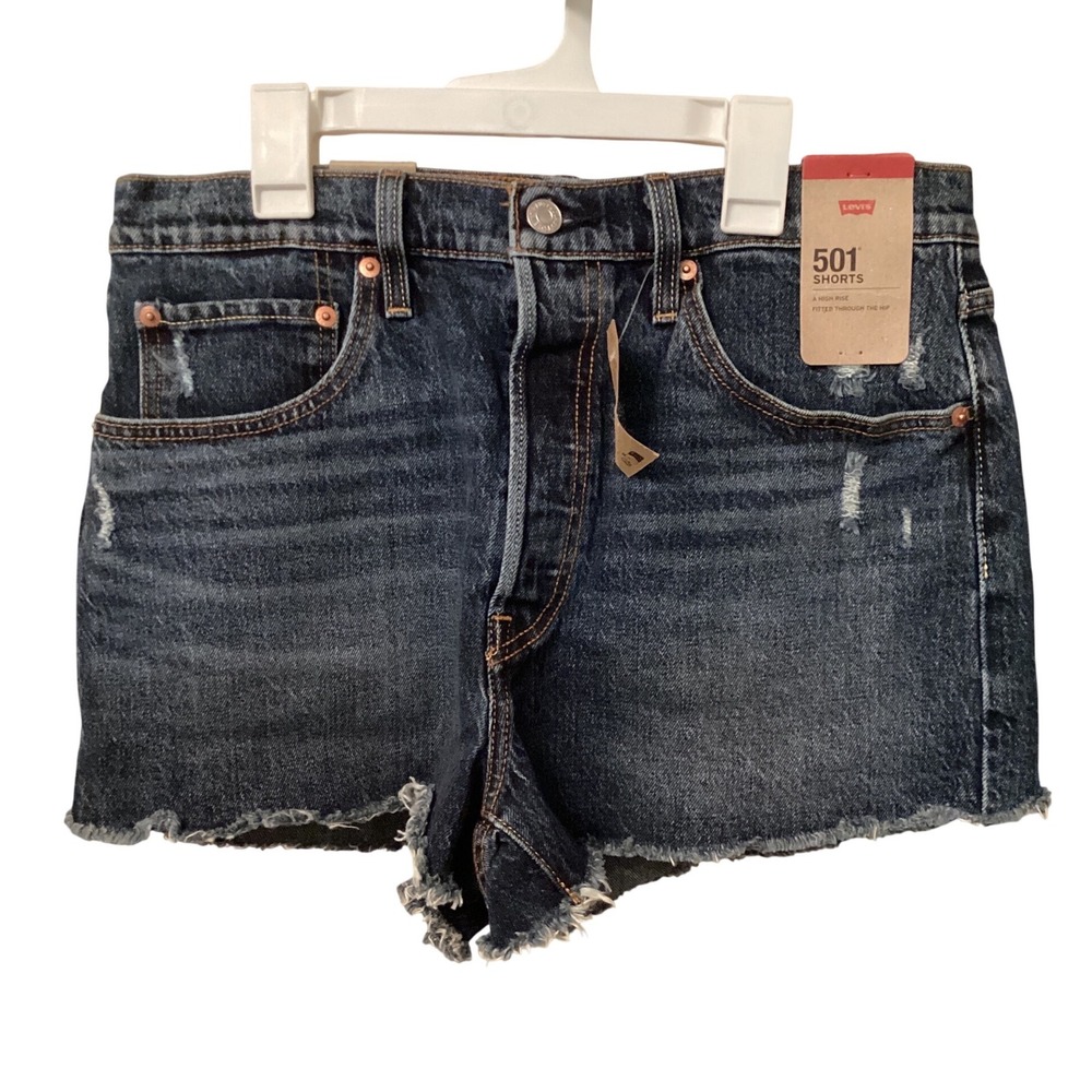 Levis 501 Original High Rise Denim Shorts Dark Wash Distressed W31 NEW